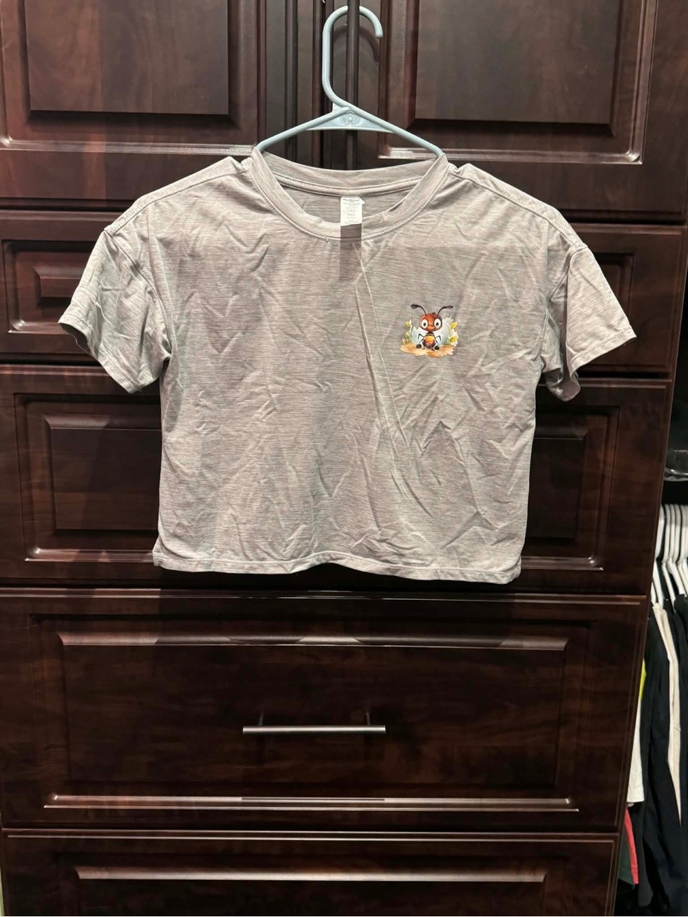 Hand Crafted Light Gray Short Sleeve Crop Tee with Bee Patch JUNIORS LARGE